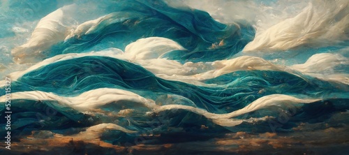 Foto Vast panoramic fantasy cloudscape in cobalt and sapphire blue colors, mesmerizing flowing ocean of surreal fabric folds stylized in renaissance inspired oil paint