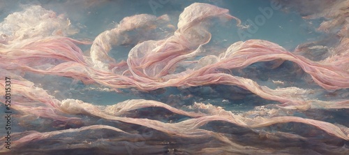 Vast panoramic fantasy cloudscape in light pink colors, mesmerizing flowing ocean of surreal fabric folds stylized in renaissance inspired oil paint.