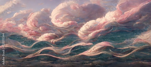 Vast panoramic fantasy cloudscape in light pink colors, mesmerizing flowing ocean of surreal fabric folds stylized in renaissance inspired oil paint. photo