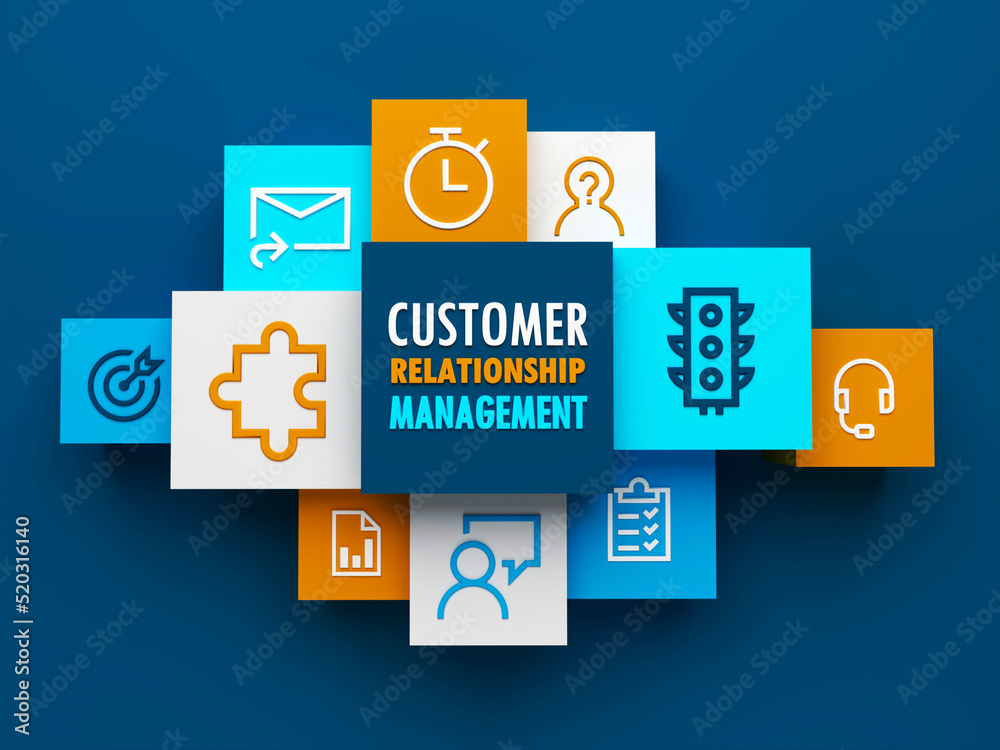 3D render of top view of CUSTOMER RELATIONSHIP MANAGEMENT business concept with colorful cubes on dark blue background 3D render of top view of CUSTOMER RELATIONSHIP MANAGEMENT business concept with colorful cubes on dark blue background