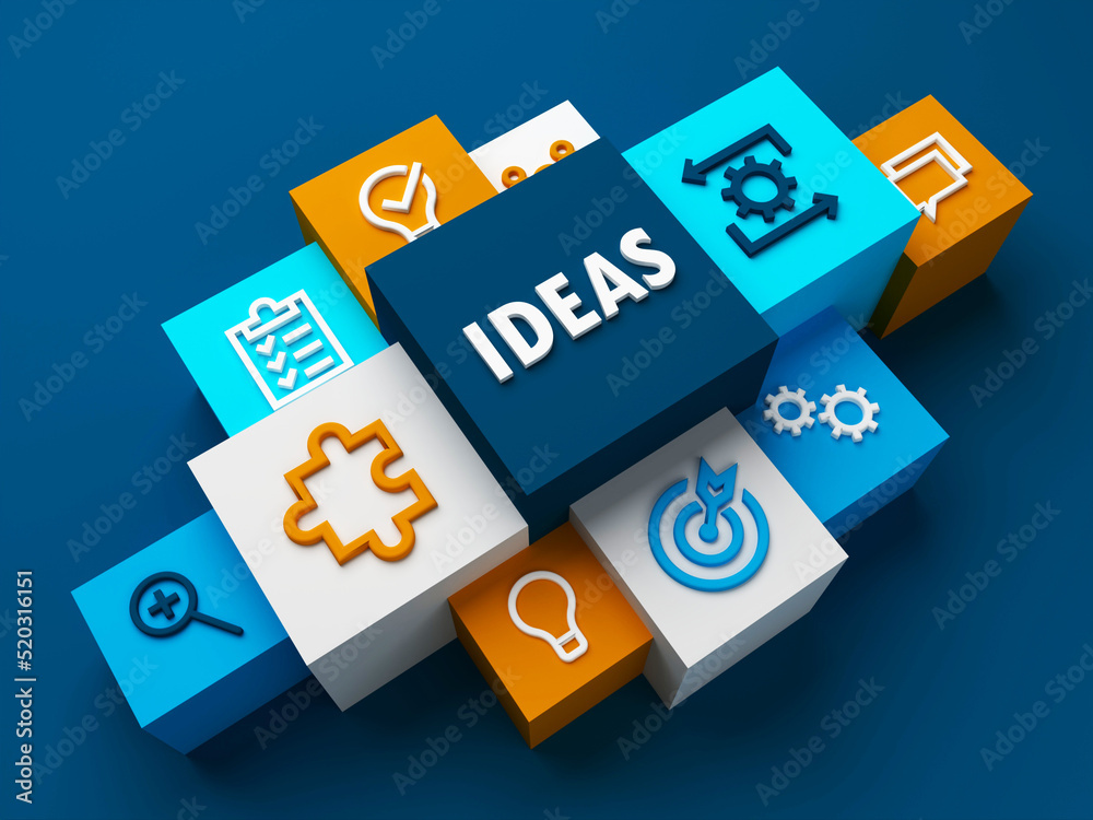 3D render of perspective of IDEAS business concept with colorful cubes on dark blue background 3D render of perspective of IDEAS business concept with colorful cubes on dark blue background