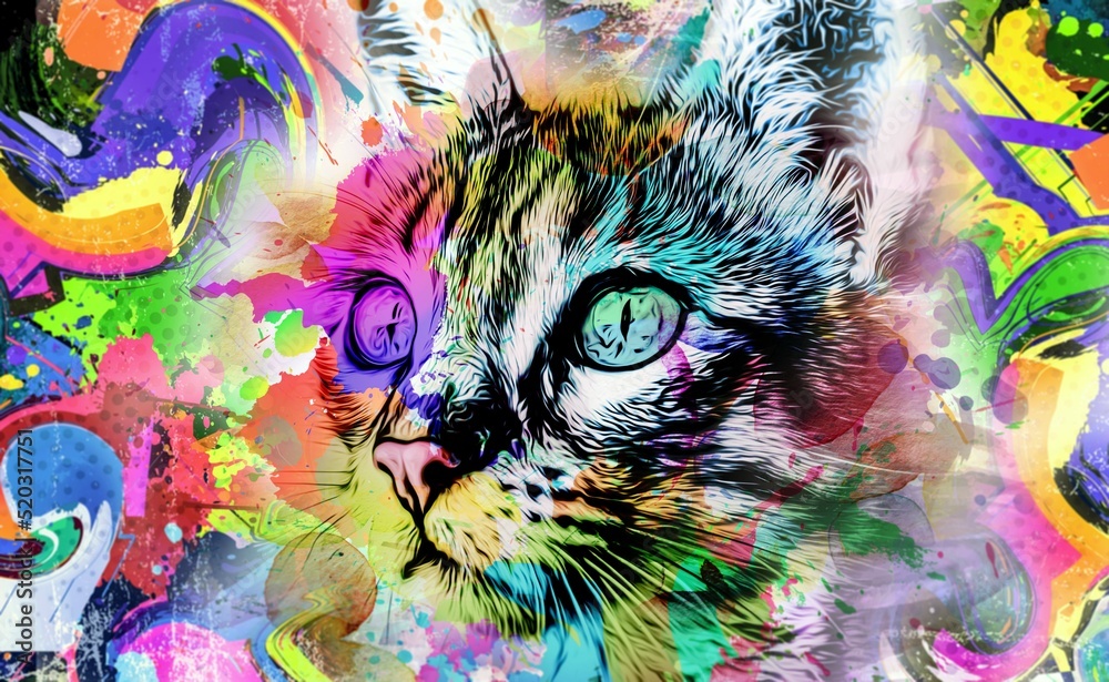 colorful artistic kitty muzzle bright paint splatters on white background color art