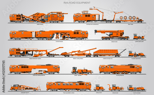 The railroad equipment machines. The railroad construction vehicles.