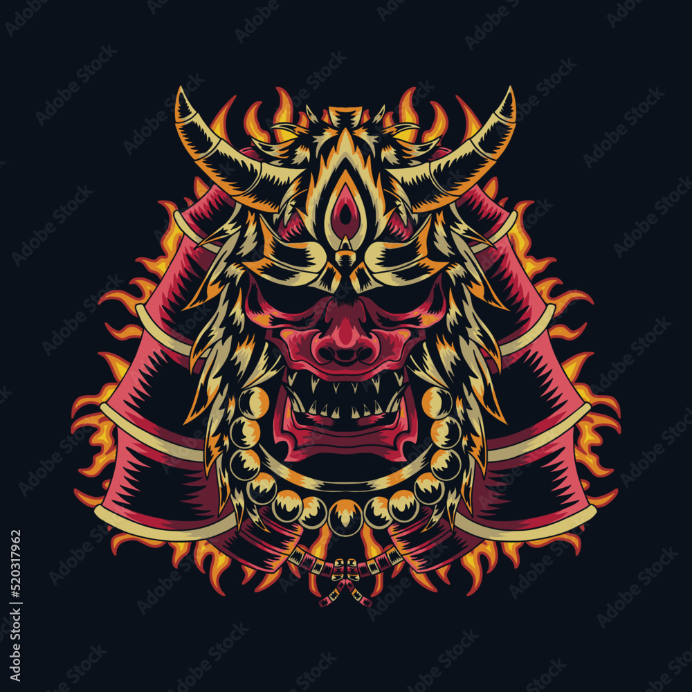 Warrior mask has horns and a blazing fire aura Warrior mask has horns and a blazing fire aura
