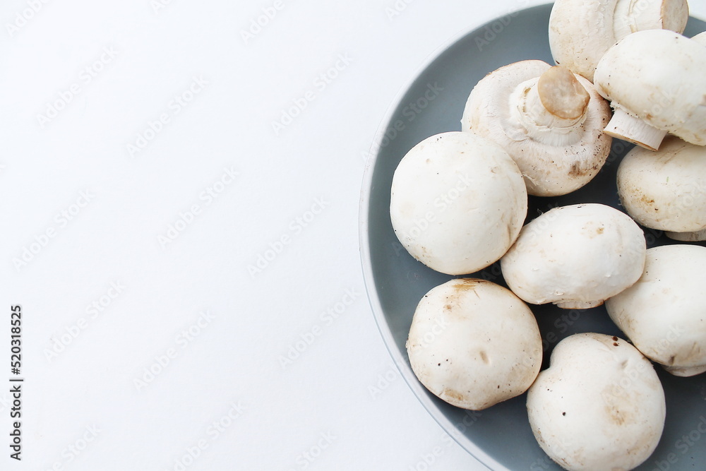 mushrooms on a white background. fruits from the forest. natural food. vegan food. mushrooms on a gray plate mushrooms on a white background. fruits from the forest. natural food. vegan food. mushrooms on a gray plate