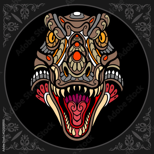 Colorful tyrannosaurus rex zentangle arts isolated on black background.