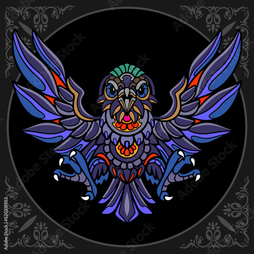 Colorful crow bird zentangle arts isolated on black background.