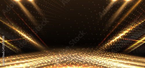 Elegant golden stage diagonal glowing with lighting effect sparkle on black background. Template premium award design.
