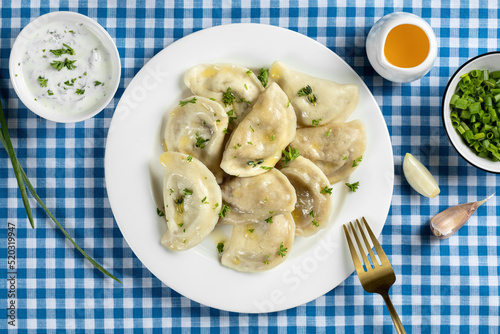 Dumplings (vareniki, pierogi, pyrohy) with potatoes in ceramic bowl on white on the background is blue in a cell. photo