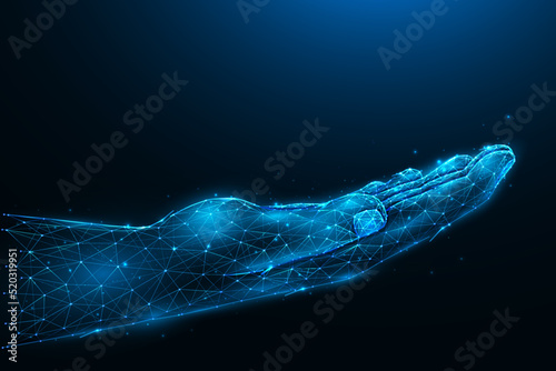 Vector polygonal illustration of the open palm of the hand raised up on a dark blue background. Open palm hand gesture low poly design. Giving hand concept art