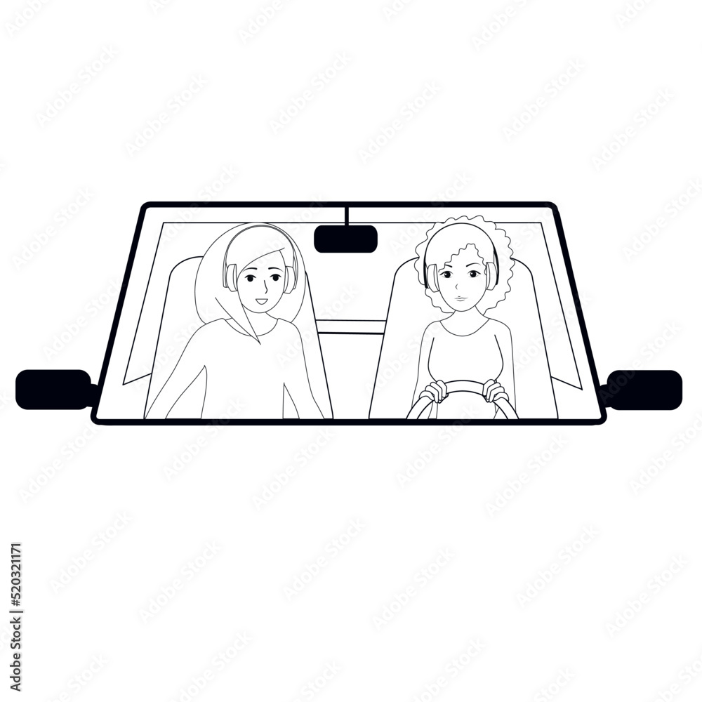 Black and white people travel by car. Vector illustration. Black and white people travel by car. Vector illustration.