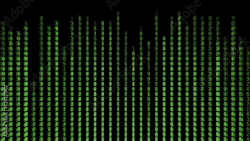Background of matrix with binary lines. Motion. Lines of changing numbers on black background. Hacker background with the effect of matrix and columns of numbers on black background