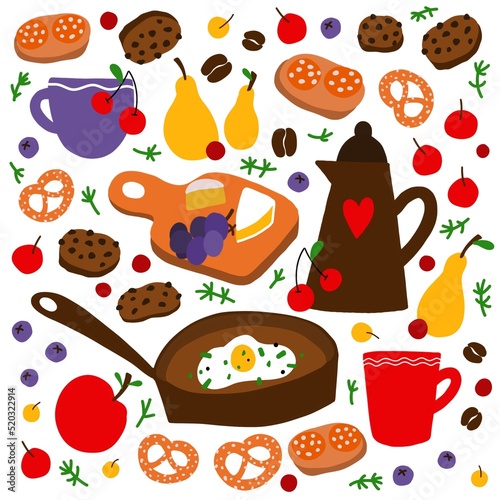 Breakfast. Drawing in doodle style. Kettle, scrambled eggs, cookies, cheese, fruit. Cute background.