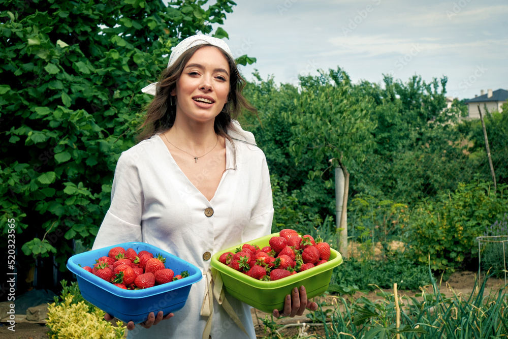 Young woman holding a harvest of strawberries in her hands