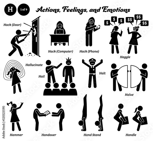 Stick figure human people man action, feelings, and emotions icons alphabet H. Hack door computer phone, haggle, hallucinate, hail, halt, halve, hammer, handover, handstand, and handle.