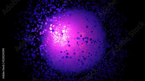 Abstract animation of sphere of luminous dots. Animation. Round cluster of bokeh spots rotating and approaching on black background. Sphere of dots is similar to structure of molecule