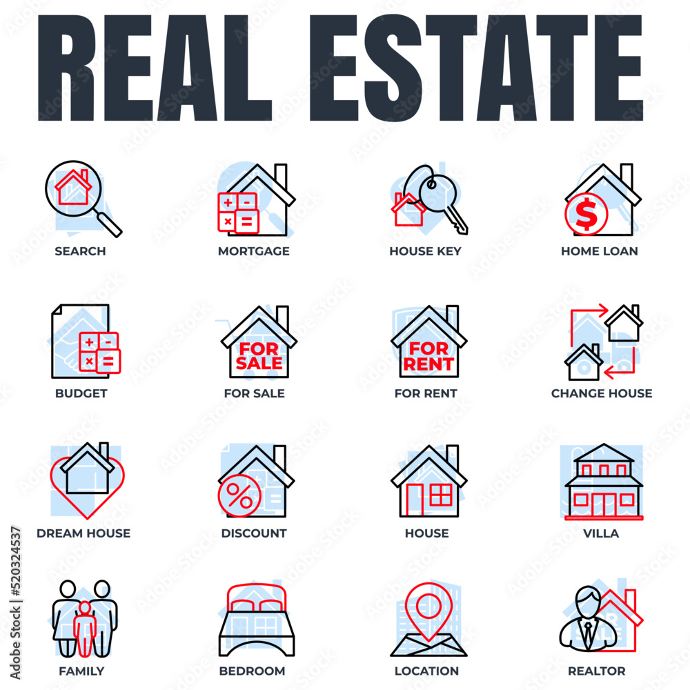 Set of Real Estate icon logo vector illustration. House pack symbol template. house, family, dream house, realtor and more for graphic and web design collection