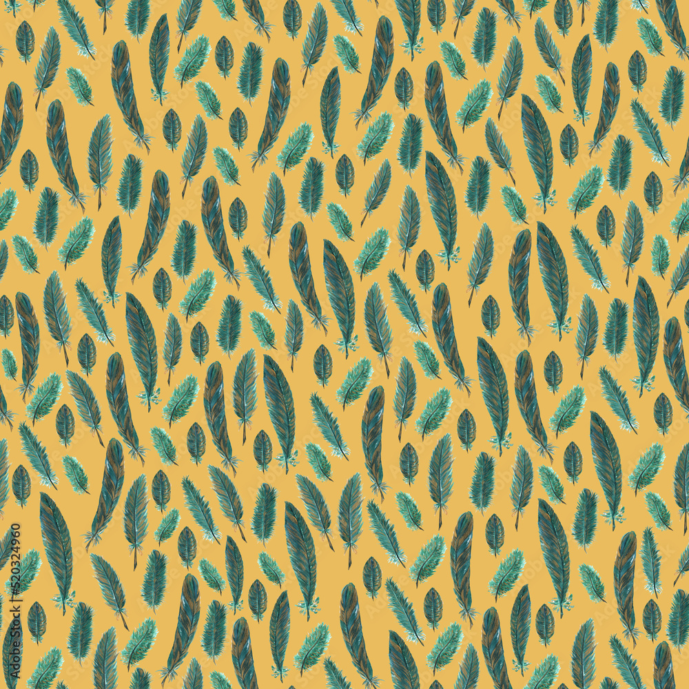 Watercolor pattern small emerald feathers on a mustard background Watercolor pattern small emerald feathers on a mustard background