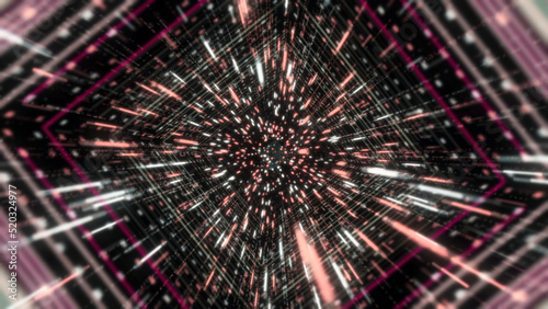 Colorful futuristic animation of sci-fi endless tunnel on the black background. Animation. Hypnotic abstract animation of holographic corridor or tunnel with neon geometric patterns and lines