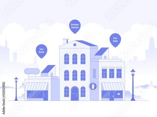 House selection and search, house project, real estate business concept. Find commercial real estate for your business. Choose criteria for office. Vector illustration
