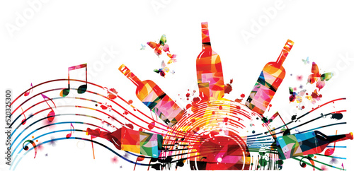  Colorful glass bottles with musical notes and LP vinyl record vector illustration. Party flyer, wine tasting event, wine festival, celebrations, restaurant poster, invitation card, menu, promotion