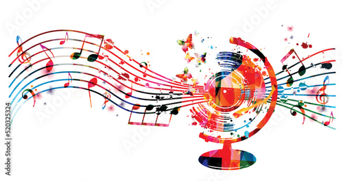  World music concept. LP record disc colorful globe with musical notes and butterflies isolated. Vector illustration for concert events, music festivals and shows, performances, party flyer