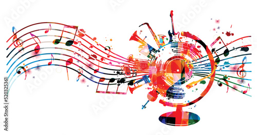  World music concept. LP record disc colorful globe with musical instruments and notes isolated. Vector illustration for concert events, music festivals and shows, performances, party flyer