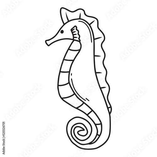 Childrens illustration of seahorse isolated on white background. Hand-drawn seahorse in doodle style. Vector illustration