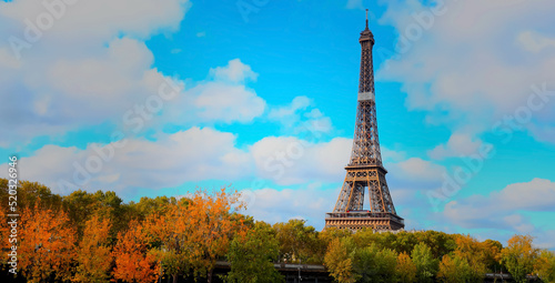 Banner travel with romantic view in Autumn season of an Eiffel Tower and boats on Seine river in Paris, France.