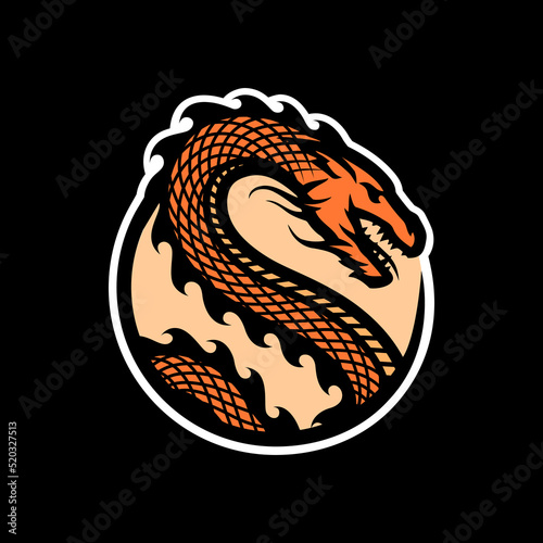 Dragon logo in a round shape on a dark background. Vector illustration.
