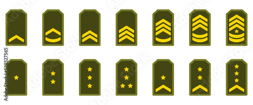 Military Badge Insignia Green Symbol. Army Rank Icon. Chevron Yellow Star and Stripes Logo. Soldier Sergeant, Major, Officer, General, Lieutenant, Colonel Emblem. Isolated Vector Illustration photo