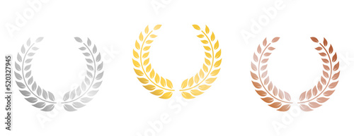 Vintage Emblem Gold Bronze Silver Champion Prize Certificate. Laurel Wreath for Winner Icon Set. Award Victory Circle Leaf Olive Branch Greek Icon. Decoration Isolated Vector Illustration