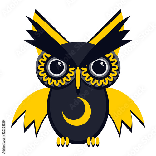 Cute gothic owl flat illustration. Gothic design for Horror or Halloween. Vector isolated on white background.