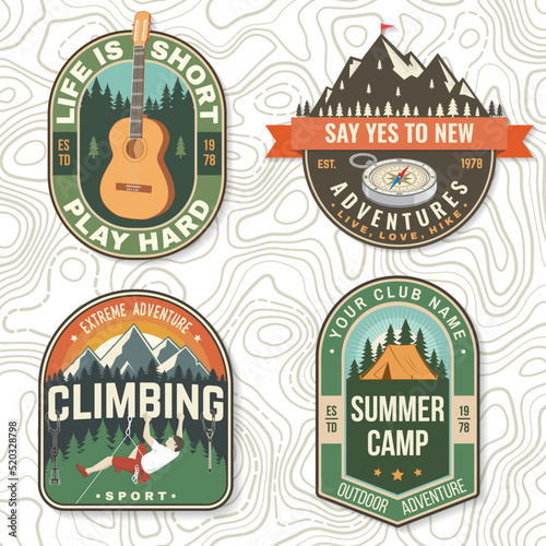 Set of camping badges. Vector illustration. Concept for shirt or logo, print, stamp or tee. Vintage typography design with compass, guitar, camping climber, tent, mountain and forest silhouette.