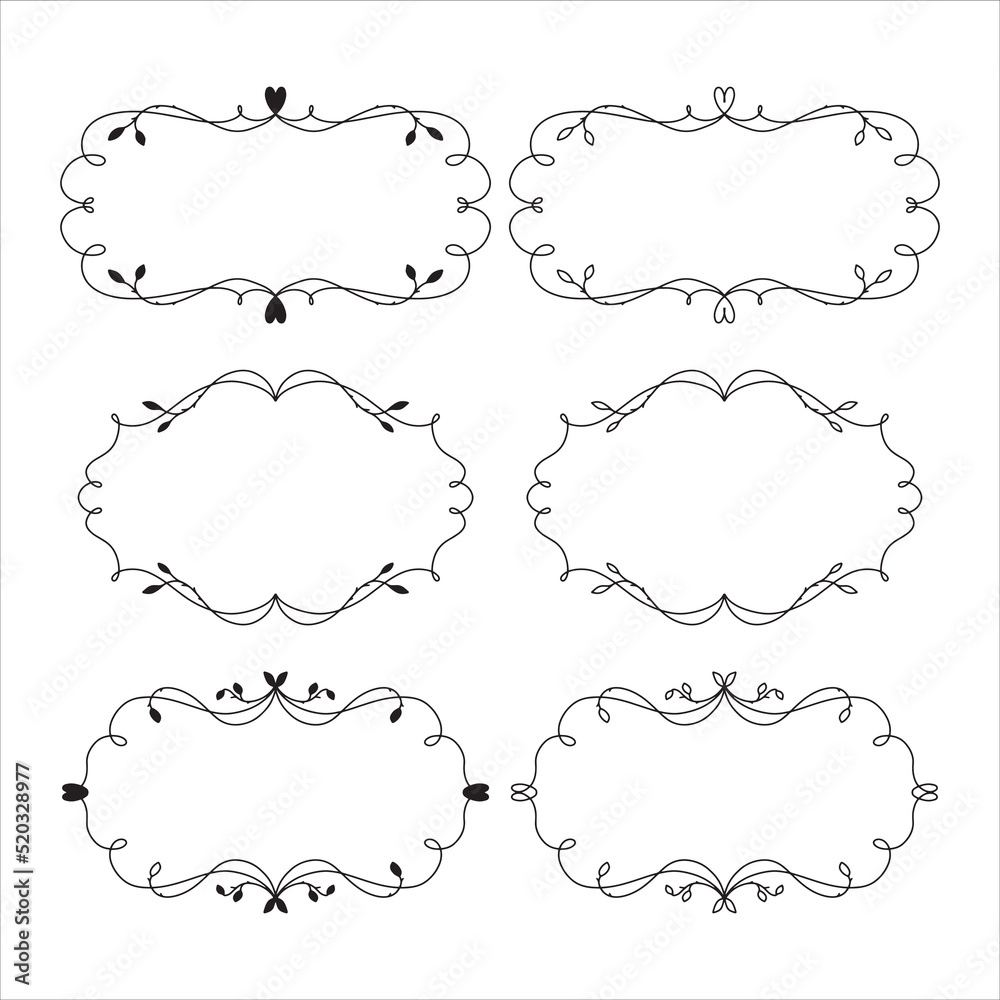 Hand drawn split monograms. Set of 6 floral split borders for family monograms, wedding invitations, greeting cards, web. Vintage botanical design elements.