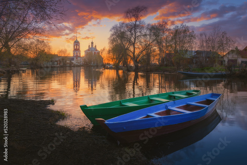 Boats in spring at dawn in the city of Pereslavl-Zalessky. Russia