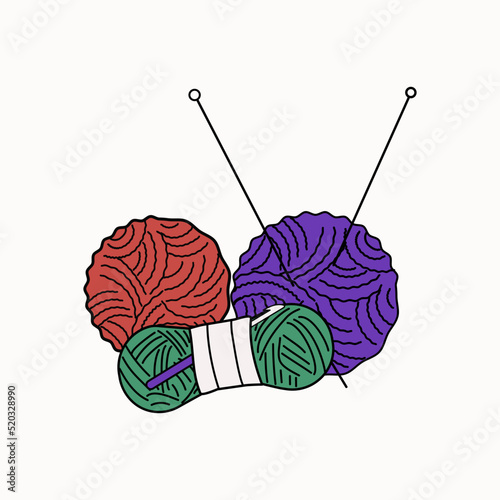 Sewing drawings. Handmade. Doodle vector illustration. Balls of thread and knitting needles. Handicraft, needlework.   Isolated background.