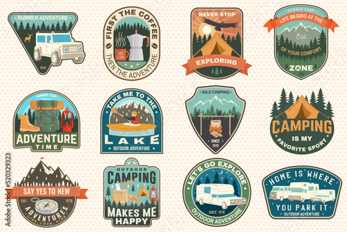 Set of camping badges Logo Patch. Vector illustration. Concept for shirt or logo, print, stamp or tee. Vintage typography design with man in canoe, lake, compass, camper rv , tent and forest