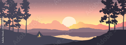 Abstract landscape with mountains and firs. Vector illustration, wallpaper about adventure and travel.