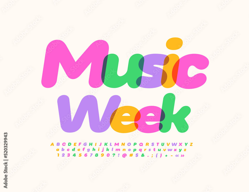 Vector event banner Music Week with artistic style Font. Colorful Alphabet Letters, Numbers and Symbols set