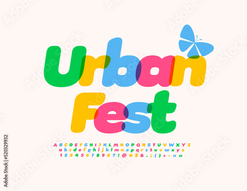 Vector happy poster Urban Fest.  Kids bright Font. Colorful set of Alphabet Letters and Numbers