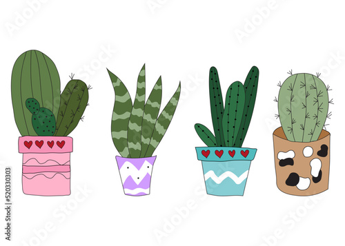 Set Cute doodle cacti in pots. Vector illustration with cute indoor plants. set of plants