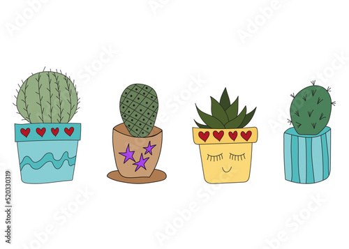 Set Cute doodle cacti in pots. Vector illustration with cute indoor plants. set of plants in pots