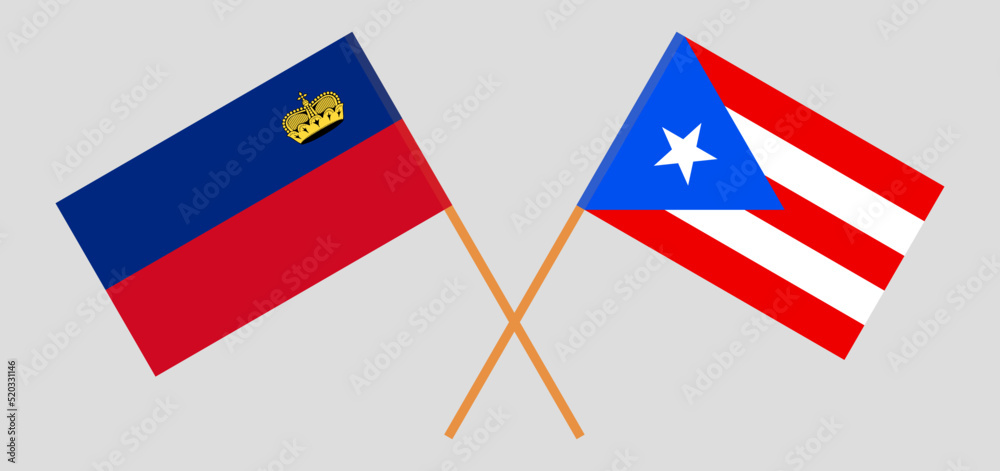 Crossed flags of Liechtenstein and Puerto Rico. Official colors. Correct proportion