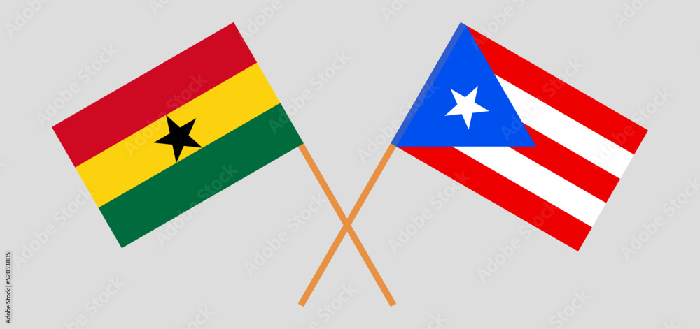 Crossed flags of Ghana and Puerto Rico. Official colors. Correct proportion