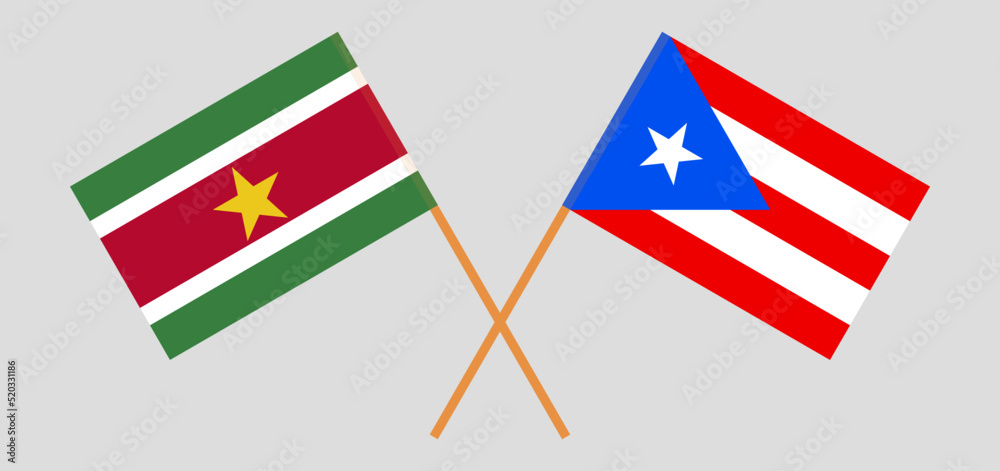 Crossed flags of Suriname and Puerto Rico. Official colors. Correct proportion