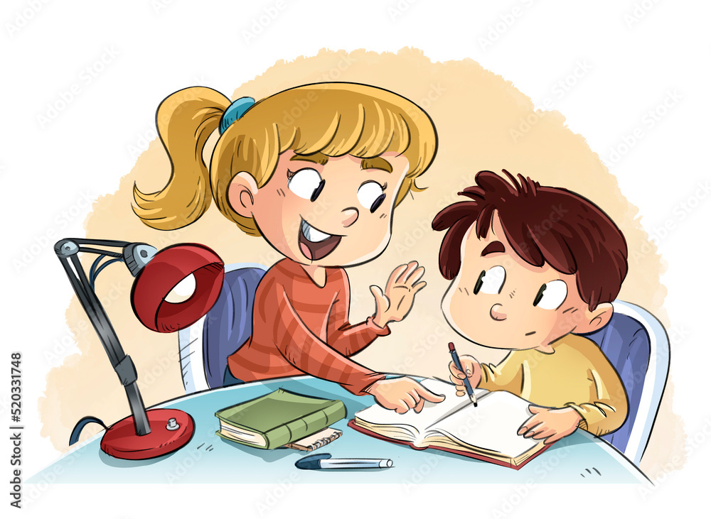 Illustration of a little girl helping another boy with his homework Illustration of a little girl helping another boy with his homework