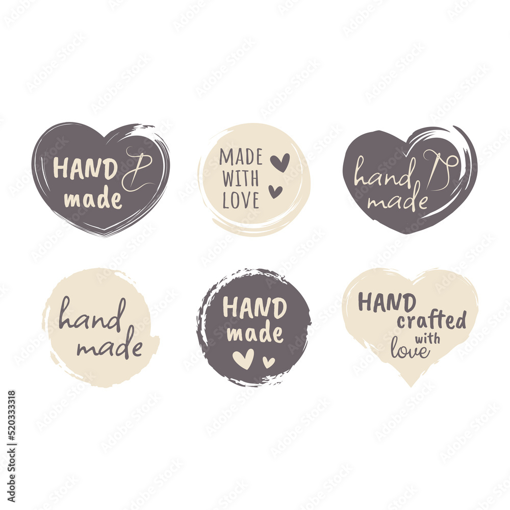 Hand made grunge circle and heart label set. Handmade and crafted with love and thank you lettering stamp set, dry brush vector.
