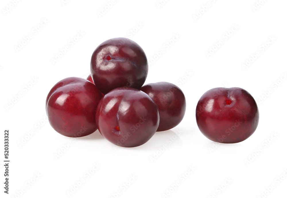 Red plums fruit isolated on white background
