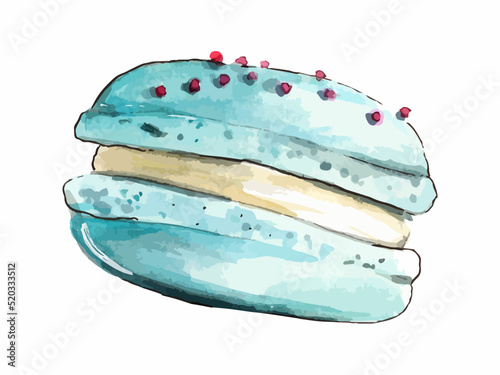 Hand drawn watercolor illustration. Blue macaron.